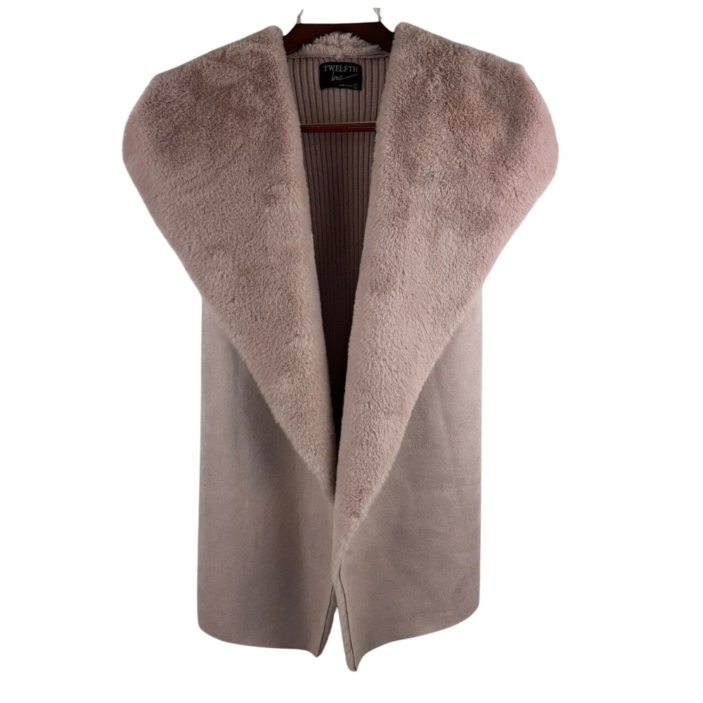 Twelfth Love Faux Fur Vest Womens Large Mauve Pink Ribbed Knit Back Shawl Collar
